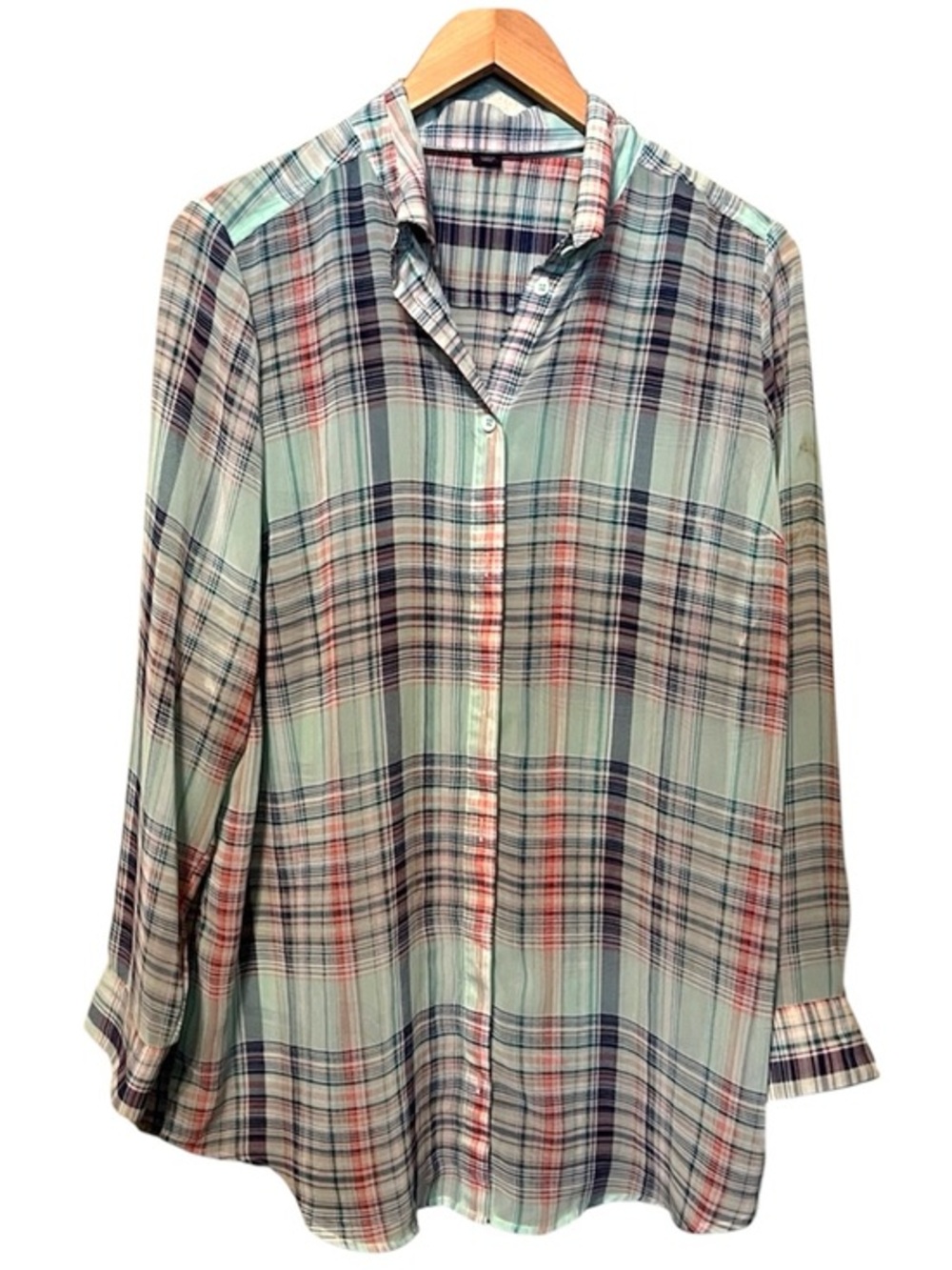 Roaman's Mint Plaid Shirt with Navy and Coral Stripes Womens 14W